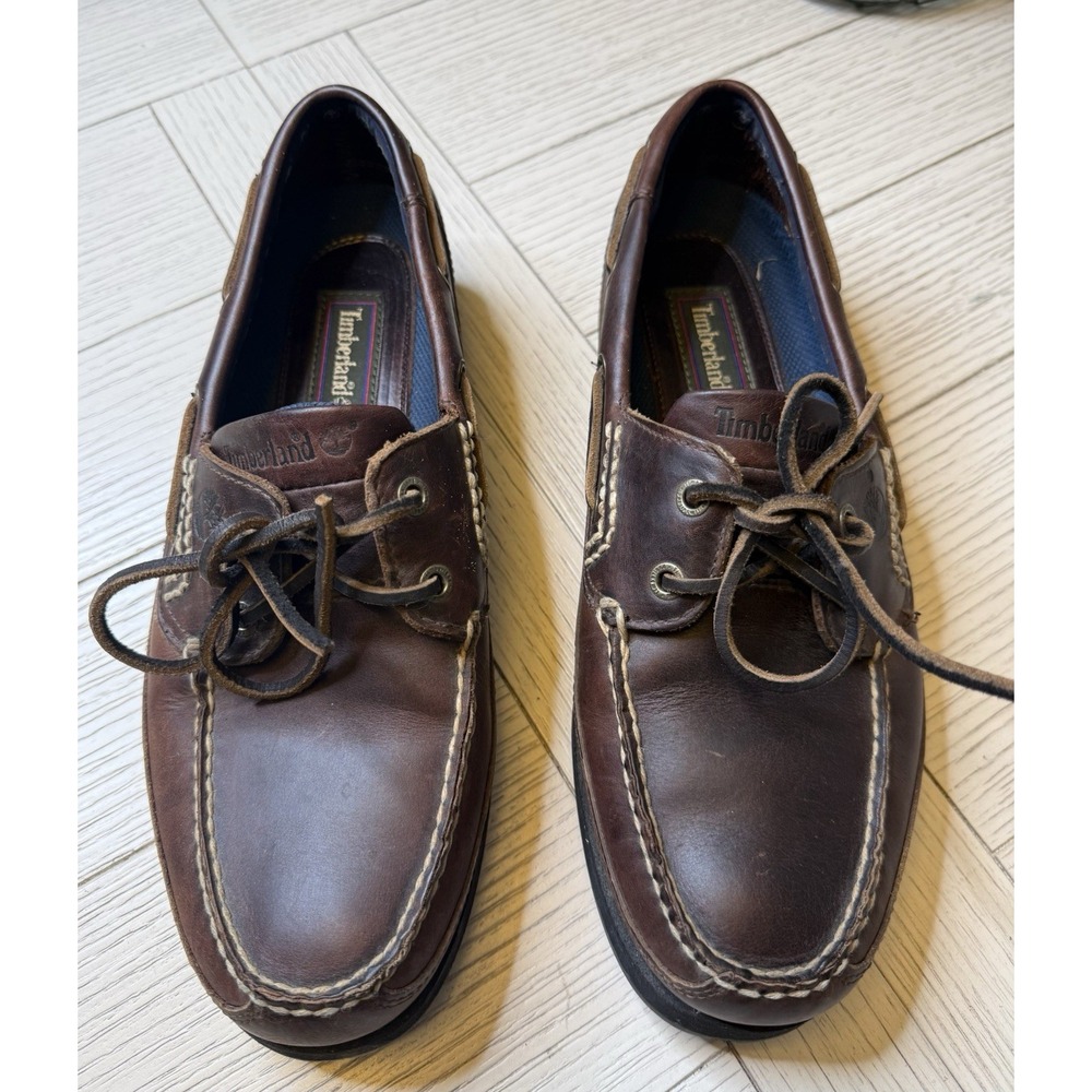 Timberland VTG Men's‎ Boat Slip On Lace Up Brown Leather Loafer Sz 9.5 M Classic
